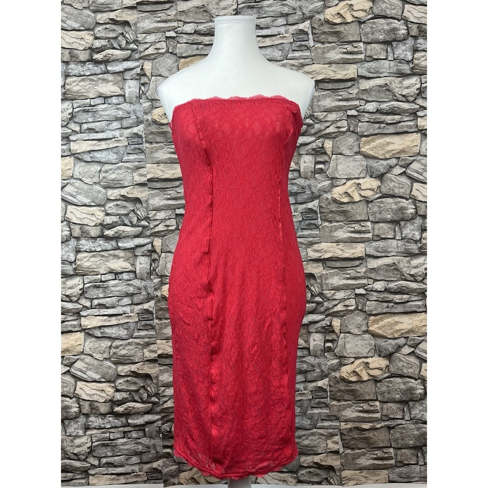 Victoria's Secret Y2K Strapless Red Floral Lace Bodycon Mini Dress Sz Small
